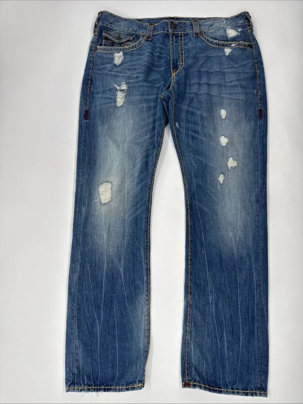 True Religion Ricky Jeans Mens 39x34 Relaxed Straight Flap Pocket Thick Stitch